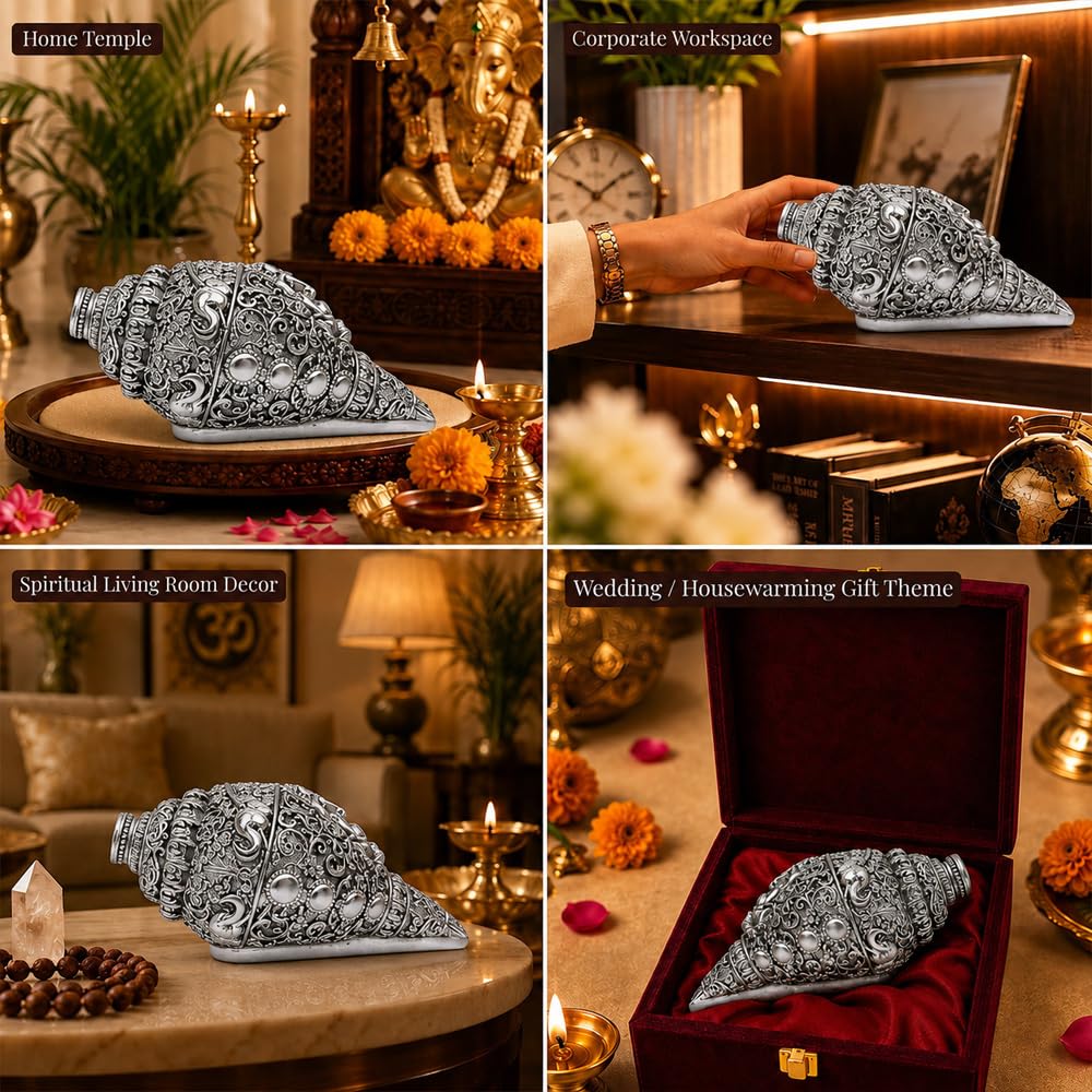 DIVINITI Antique Silver Plated Ganesh Shankh Showpiece with Gift Box|Lord Ganesha Decorative Conch for Home Temple, Pooja Room & Spiritual Decor|Religious Gift for Diwali & Housewarming|12 x 6 cm