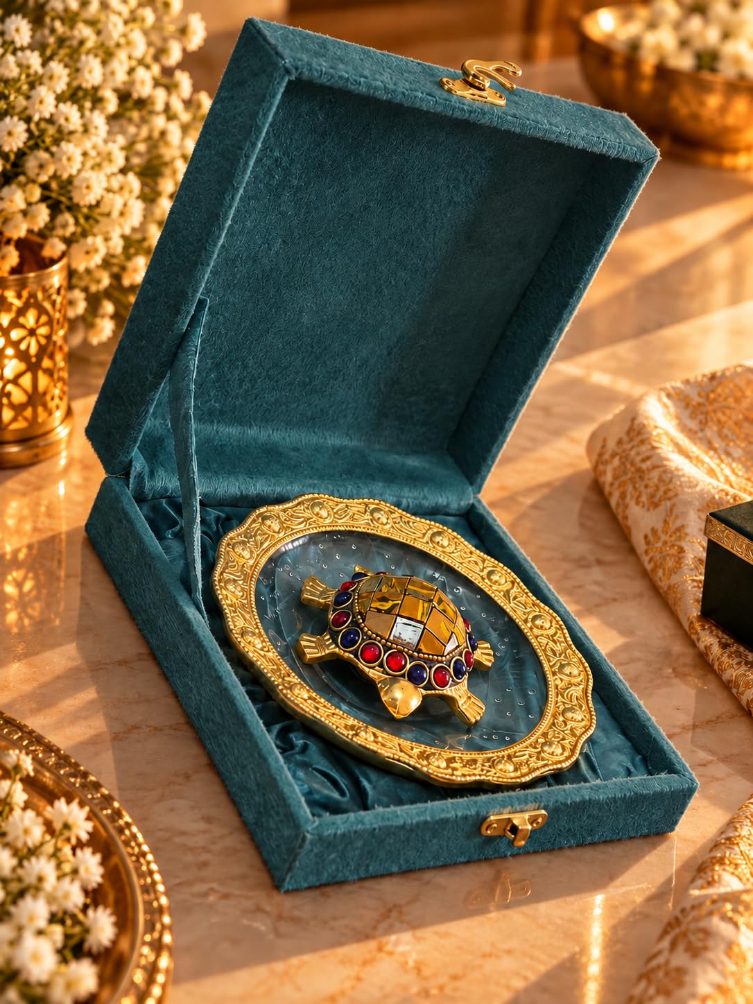 KridayKraft Multicolour Stone-Studded Gold Tortoise Showpiece with 14 cm Designer Tray and Luxury Dark Teal Blue Gift Box, Tabletop Décor for Home, Office, Wedding, Anniversary and Housewarming Gift