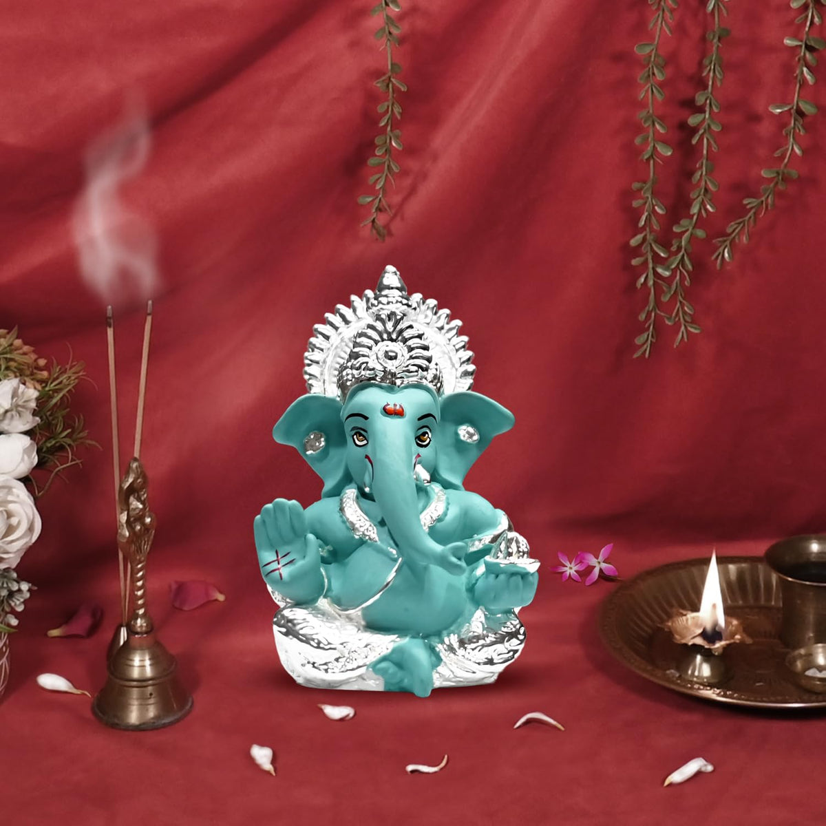 DIVINITI 999 Silver Plated Ganesha Idol for Home Decor Puja |Ganesh Idol for Home Decor Ganpati for Gift 3.5 inches |Ganesh Statue Gift for Office Desk Puja Room Figurine (8.89 x 5.08 cm) (Blue)