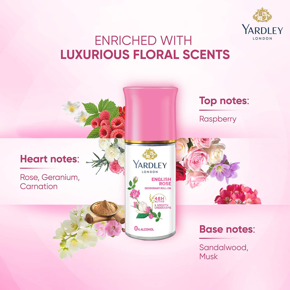 Yardley London English Rose Underarm Deodorant Roll On | With Licorirce Extract & Floral Extracts | Smooth & Eventoned Underarms | 48 H Long Lasting Floral Scent| 0% Alcohol & Dermat Approved | For Women | 50ml