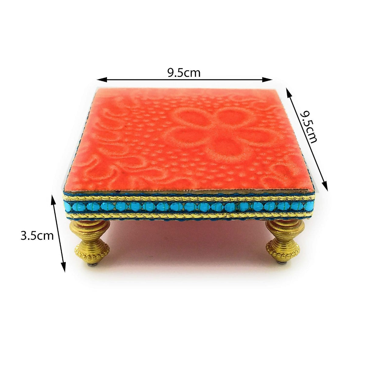 SHINDE EXPORTS Wooden Meenakari Velvet Chowki Bajot choki chaurang patla for Idols and Pooja Articles (Orange, 9.5x9.5cm)