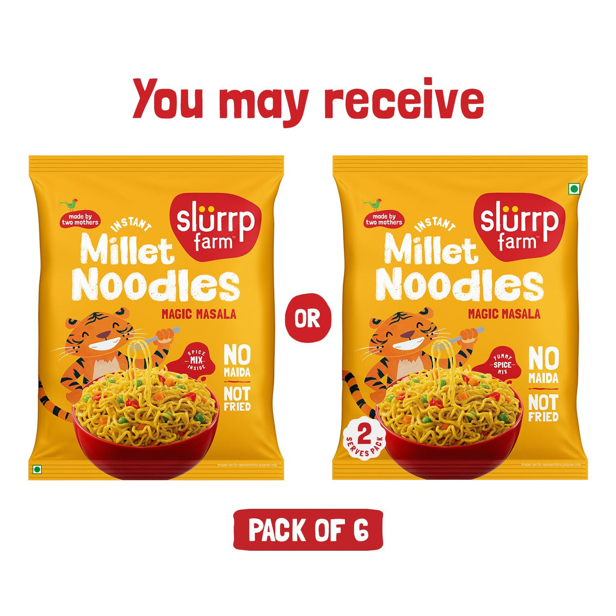 Slurrp Farm No Maida, No MSG Instant Noodles | Magic Masala | Not Fried, Millet Noodles, 6 X 57 g