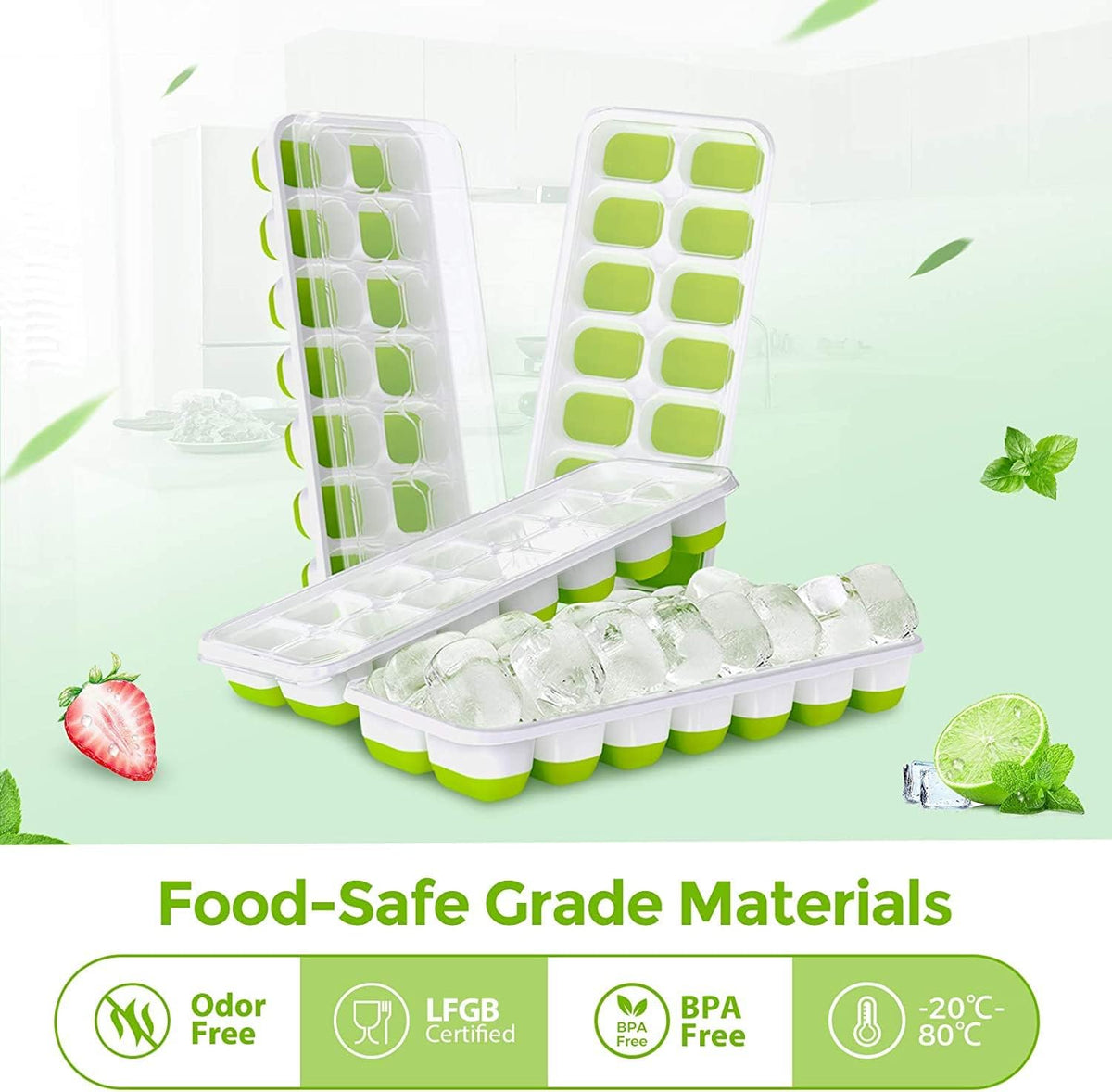 E-COSMOS® Ice Cube Trays, Easy-Release Silicone & Flexible 14-Ice Cube Trays with Spill-Resistant Removable Lid and BPA Free, for Cocktail, Freezer, Stackable Ice Trays (Pack of 1) (Green)