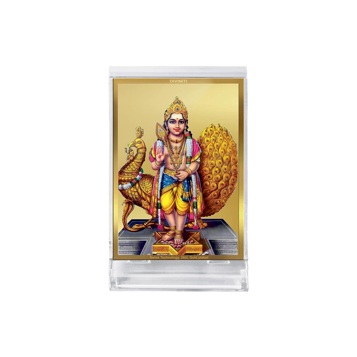 DIVINITI Karthikey Photo Frame for Car Dashboard, Home Decor, Table Decor| ACF 3 Acrylic Classic Karthikey and 24K Gold Plated Foil| Religious Frame Idol for Pooja, Gifts Items (11X6.8 CM)