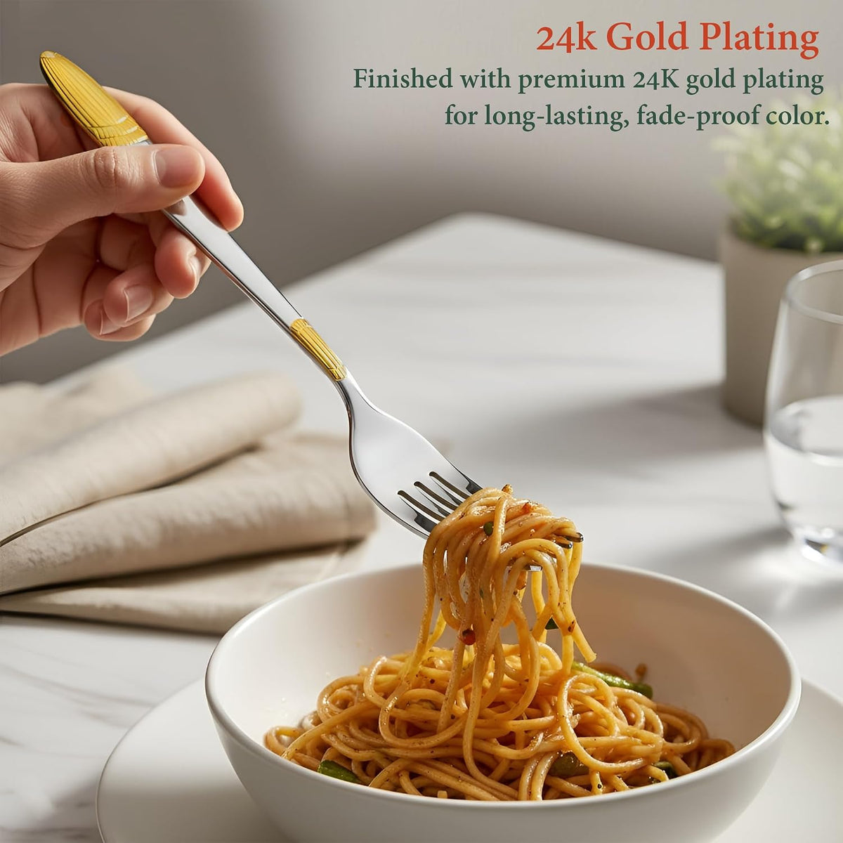 Parage 6 Pieces Stainless Steel 24k Golden Forks Set, 18 cm Long, Premium Cutlery for Home & Kitchen, Luxury Dining Tableware Gift for House Warming,24 Karat Gold Plated Table Forks, Ivory Design