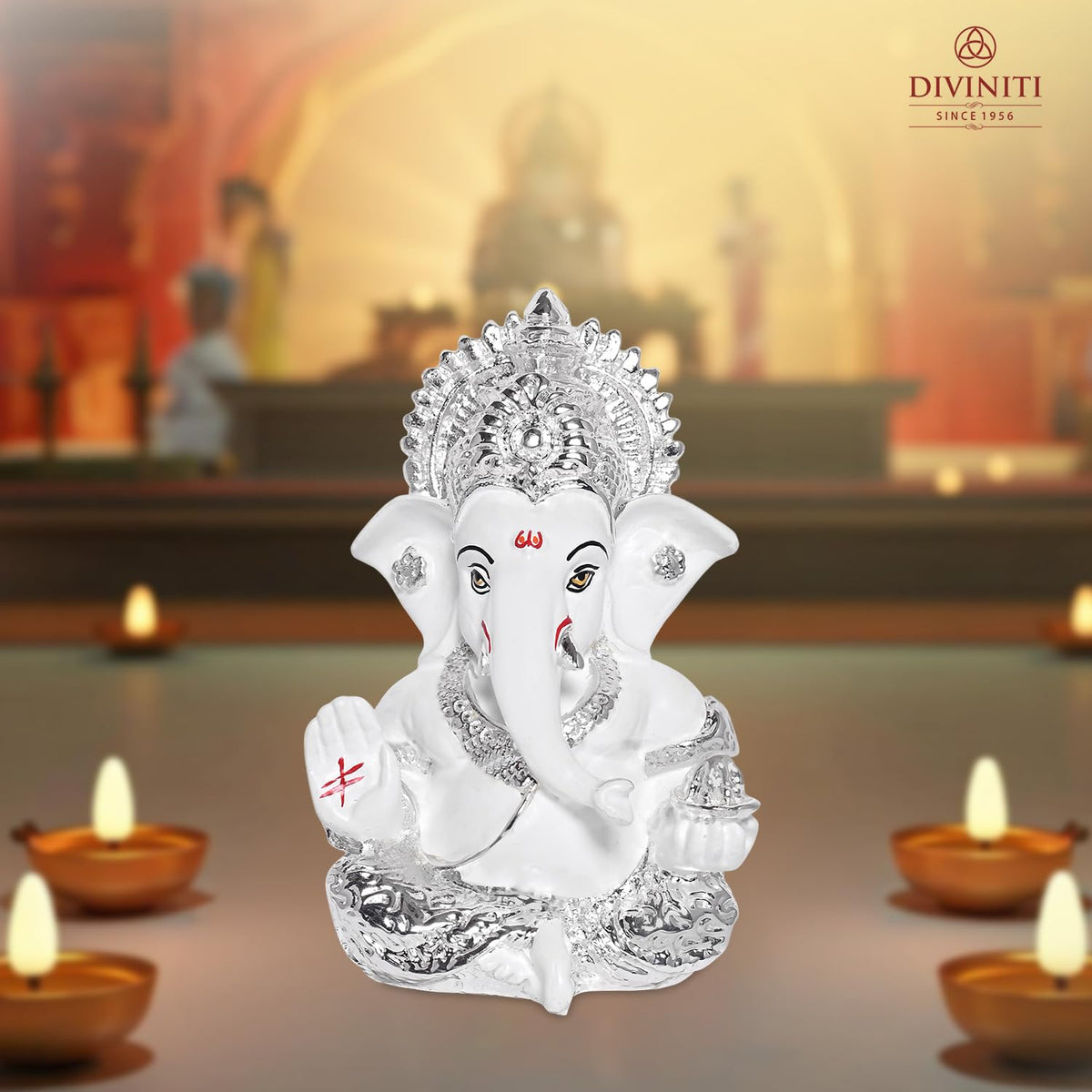 DIVINITI 999 Silver Plated Resin Lord Ganesha Idol for Car Dashboard, Tabletop|Ganesh Statue for Good Luck and Success|Ganpati Murti for Home Decor Mandir, Office Desk Puja Gift White (8.4x4.2cm)