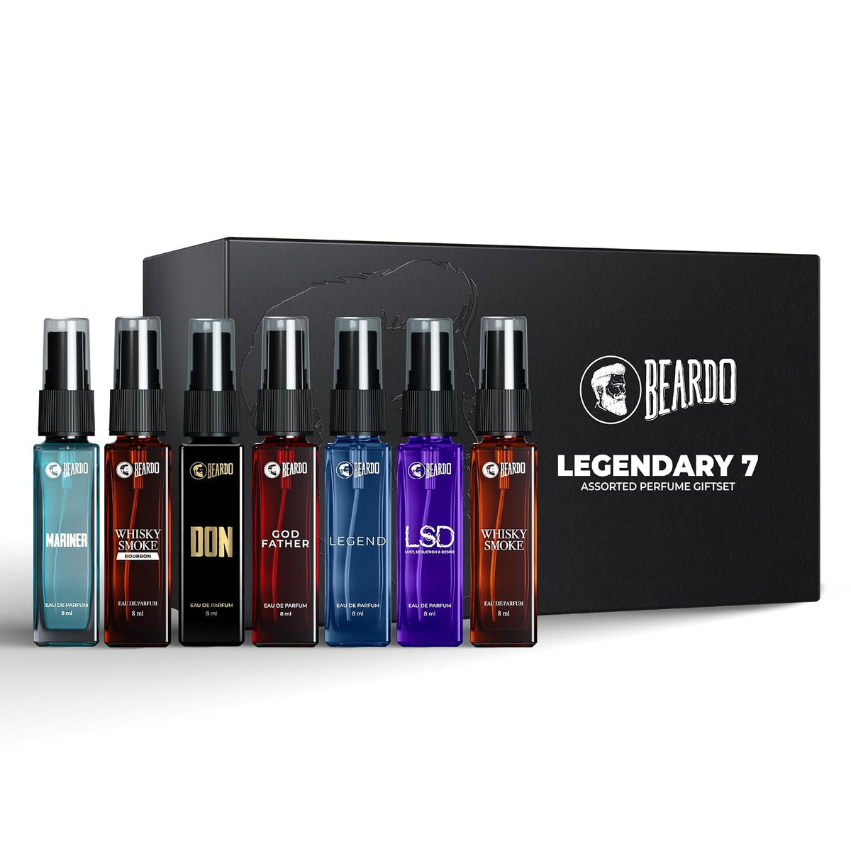 Beardo Legendary 7 Assorted Perfume Gift Set for Men 7X8ml with Long Lasting Fragrances | Travel Pack with Mariner Whisky Smoke Dark Side God Father Tsunami & Black Musk | Rakhi Gift for Brother | Gift for boyfriend | Gift for Men | Gift for Brother