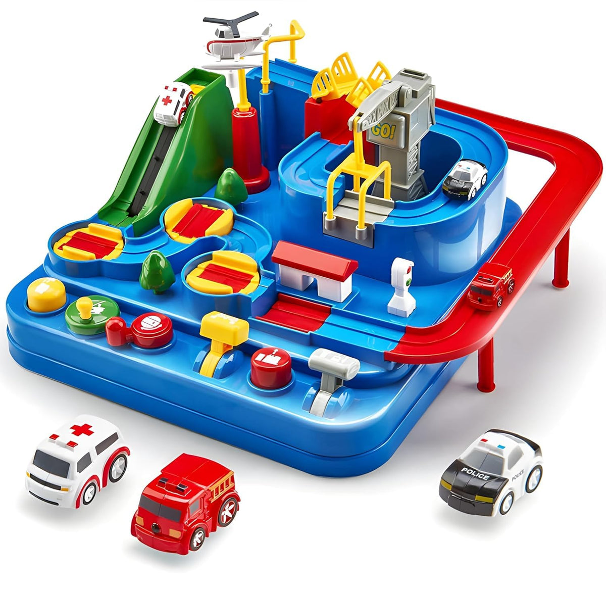 Toy Imagine Car Race Track Toy for Kids 3+ Years City Rescue Vehicle Playset with 4 Mini Cars & 6 Control Buttons, Helicopter, Adventure Ramps Educational Puzzle & Motor Skill Toy for Boys & Girls