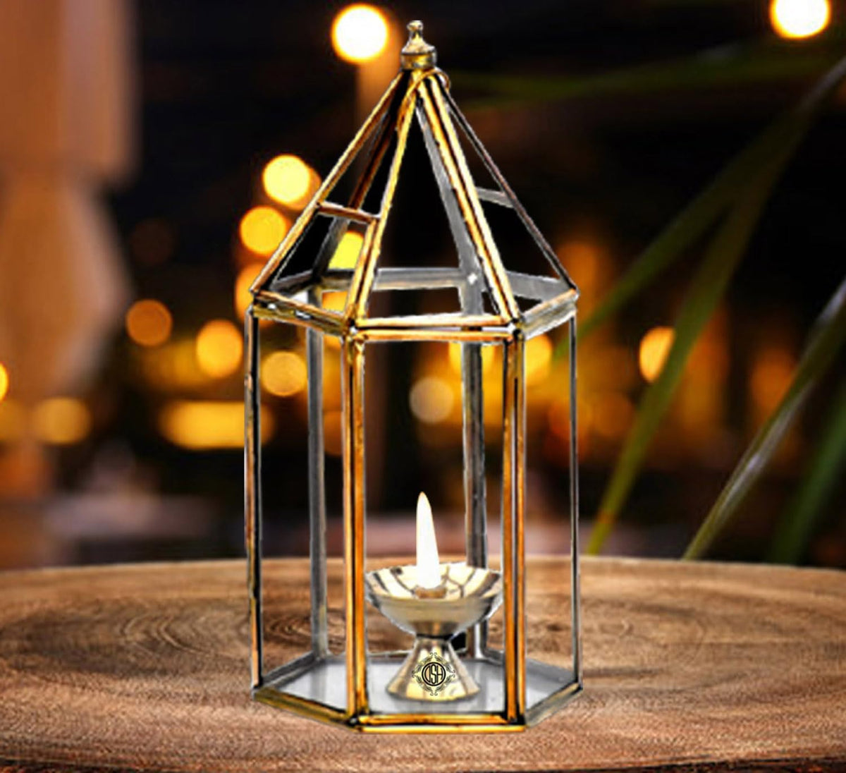 DSH Brass Diya for Pooja with Glass Cover Lantern, Decorative Brass & Glass Akhand Deepak Oil Lamp,Tea Light Holder Lantern for Durga Pooja & Diwali