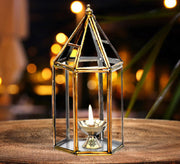 DSH Brass Diya for Pooja with Glass Cover Lantern, Decorative Brass & Glass Akhand Deepak Oil Lamp,Tea Light Holder Lantern for Durga Pooja & Diwali (Big)