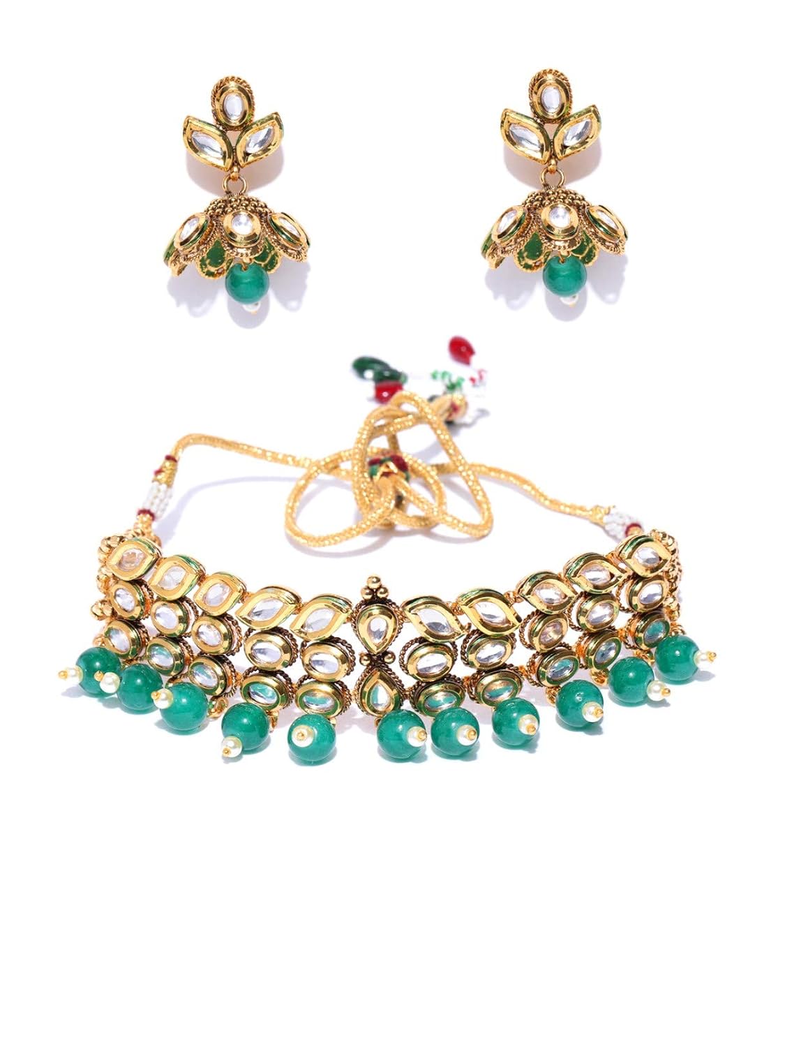 Priyaasi Green Beads And Kundan Choker Necklace Set With Earrings for Women