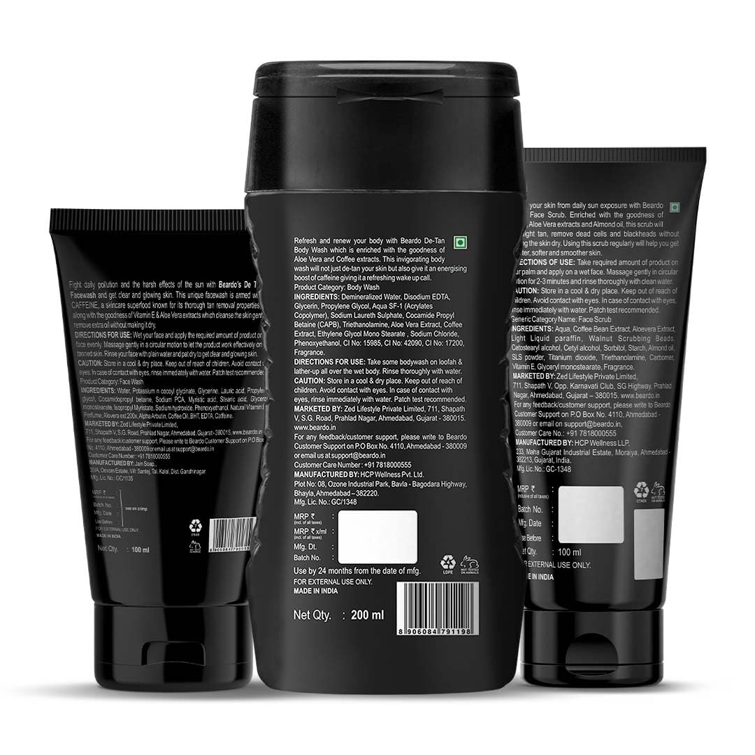 Beardo Detan Combo For Men (Set of 3) | Detan Face Wash & Detan Scrub & Detan Body Wash with Powerful Coffee Extract for Tan Removal | Hydrates & Exfoliates Men's Skin for Oil Control