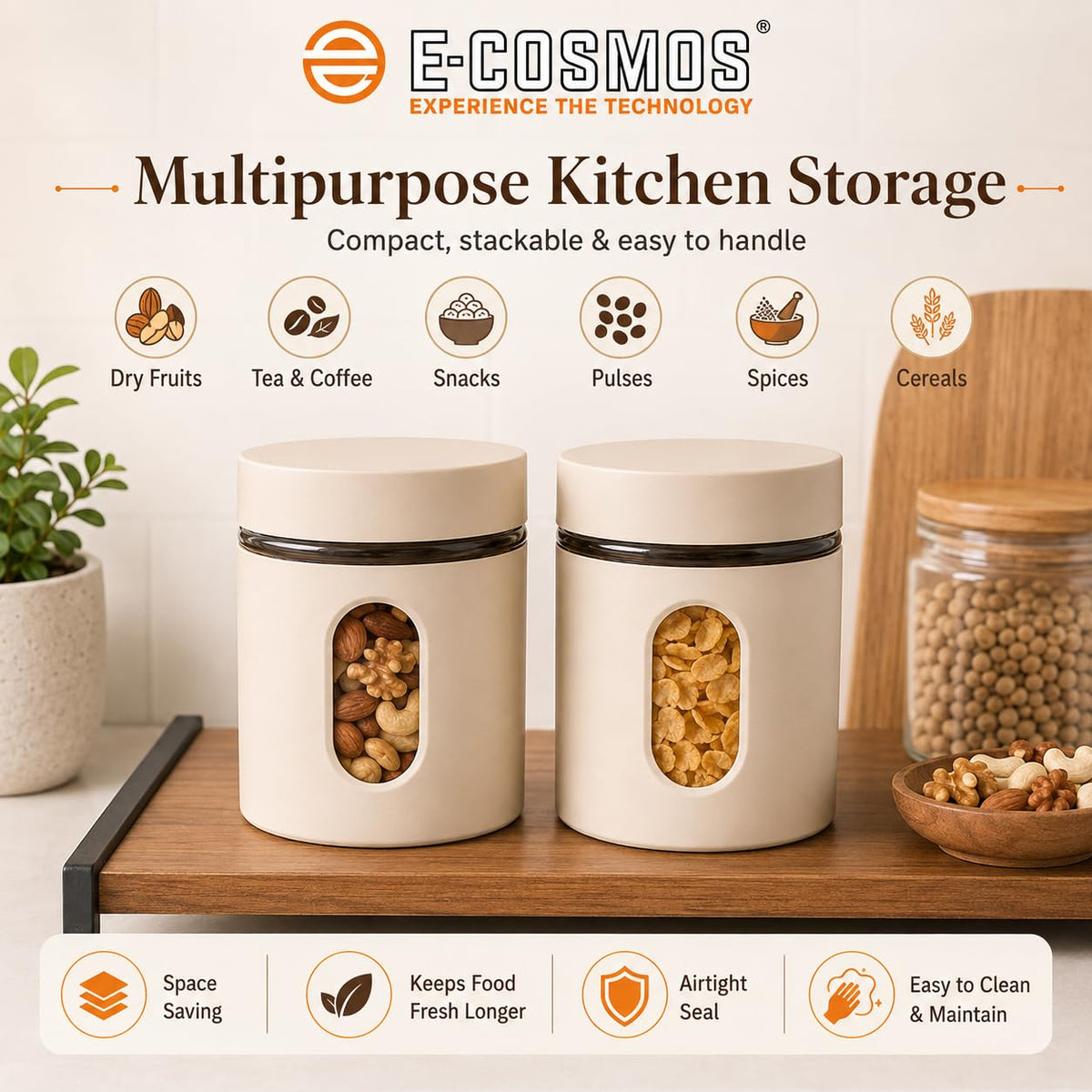 E-COSMOS® 500 ml Plastic Kitchen Storage Container Pack of 4 - Airtight Oval Container with Clear Window for Snacks, Tea, Coffee & Dry Fruits (Multicolor) (Pack Of 4, 500, Milliliters)