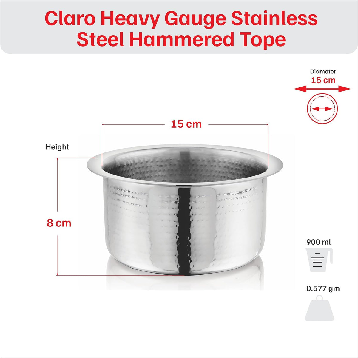 Vinod – Claro Heavy Gauge Stainless Steel Hammered Tope, 1.5 mm – Capacity 900 ml