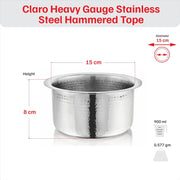 Vinod – Claro Heavy Gauge Stainless Steel Hammered Tope, 1.5 mm – Capacity 900 ml
