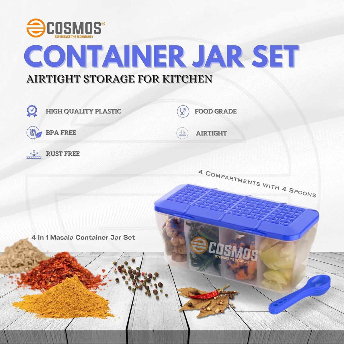 E-COSMOS 4-Section Airtight Plastic Container Box with 4 Spoons, 1800 ml (Blue) – Multipurpose 4-in-1 Grocery, Spice & Dry Fruit Storage Box for Kitchen