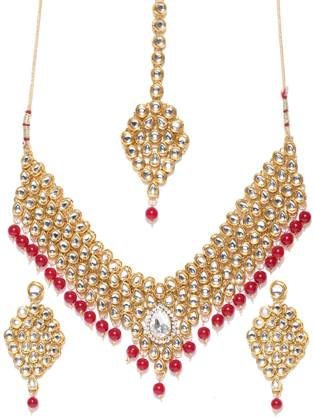 Priyaasi Gold-Plated Kundan Studded Jewellery Set With Drop Beads in Red Color, One Size (NL-PR-10059)