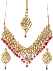 Priyaasi Gold-Plated Kundan Studded Jewellery Set With Drop Beads in Red Color, One Size (NL-PR-10059)
