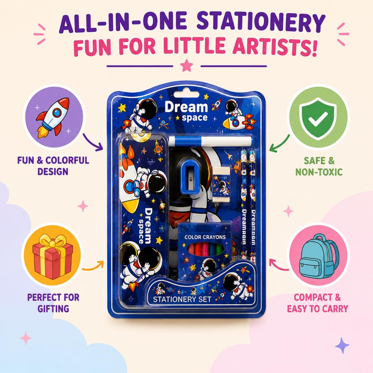 Toy Imagine Stationery for Kids Best Return Birthday Gift for Boys Girls Educational Learning Stationery kit Set for Kid (14 Pcs/Pack of 4) | Metal | Wooden