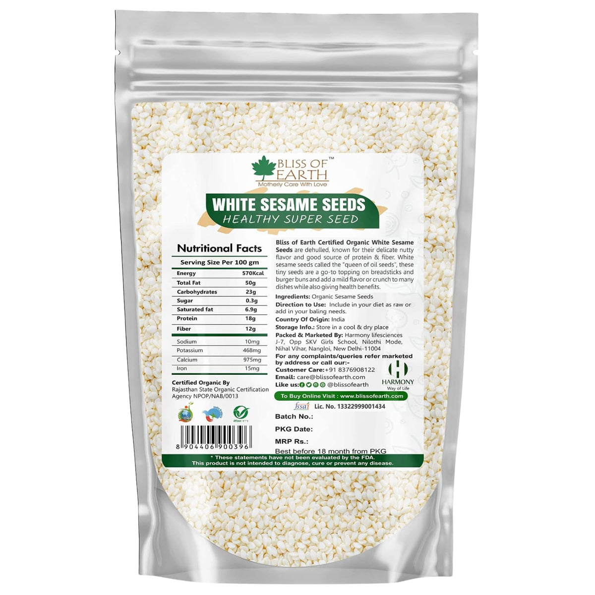 Bliss of Earth Sesame Seeds 1kg Organic White For Eating, Raw Til Seeds