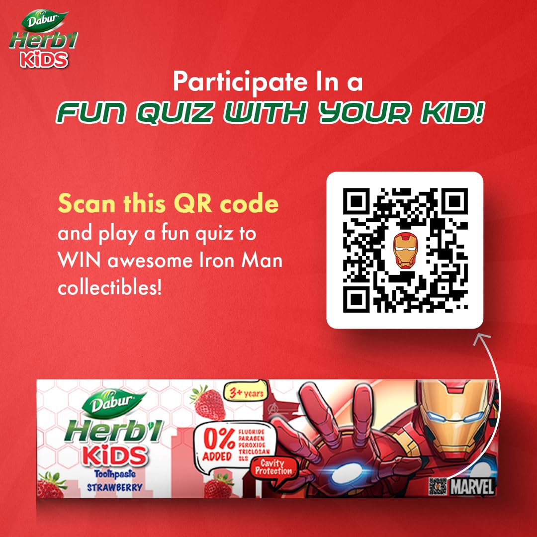 Dabur Herb’l Kids Iron Man Toothpaste - 160g (80g x 2) | Strawberry Flavour | 3+ Years | No Added Chemicals | Cavity Protection | Fights Germs | Strong Teeth & Healthy Gums | SLS & Fluoride Free