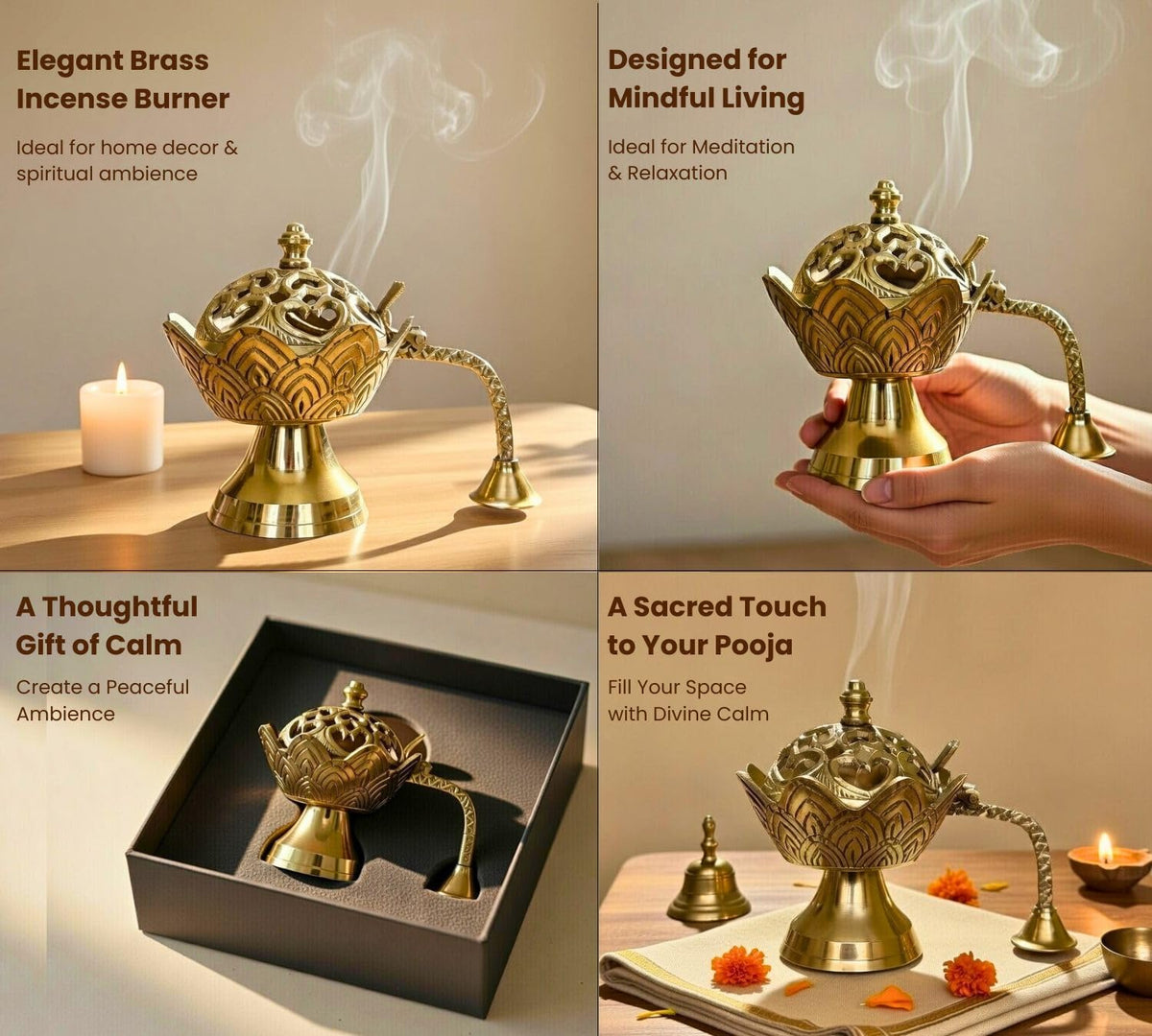DSH Brass Dhup Dani Dhuna Loban Burner Kapoor Dani Incense Burner Sambrani Holder for Puja Home Decor & Gifting. (Large)