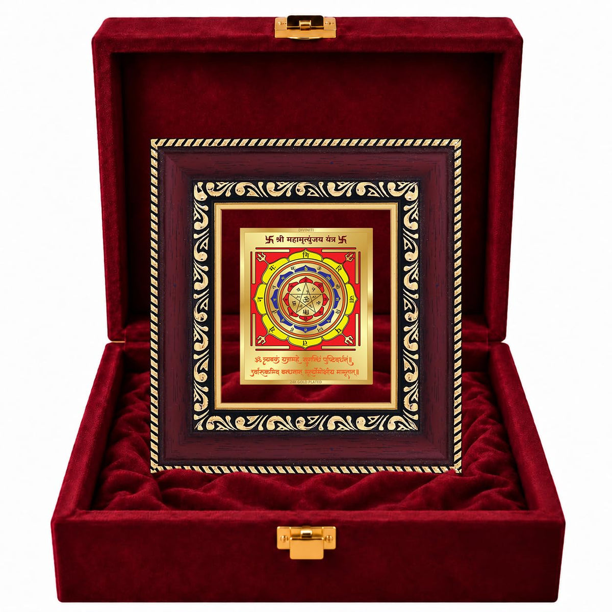 DIVINITI 24K Gold-Plated Maha Mrityunjaya Yantra Frame | Sacred Shiva Yantra for Protection, Peace & Inner Strength | Home, Office & Pooja Decor | Premium Gift Box | 12 x 11 CM