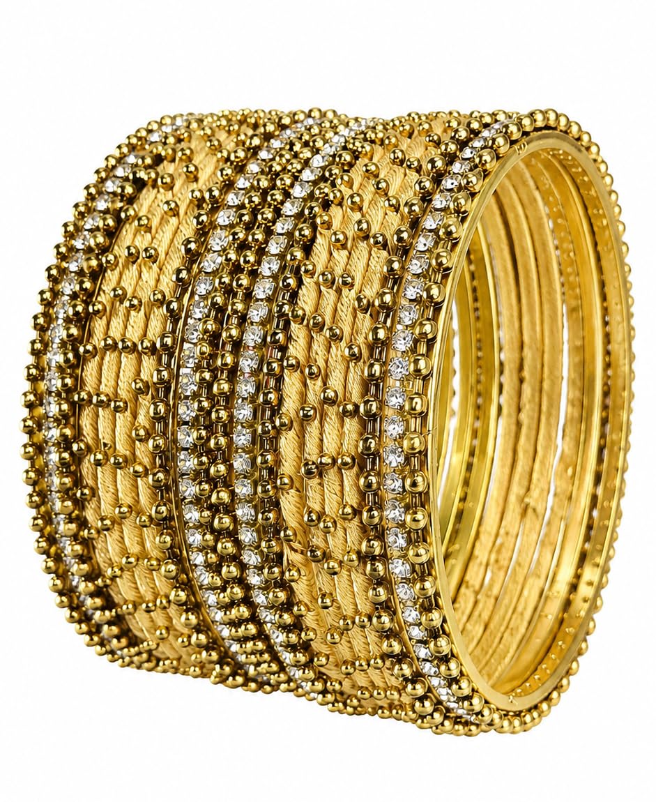 NMII Non-Precious Metal with Base Metal and Zircon Gemstone Studded Ball Chain Linked Glossy Finished Silk thread Bangle set for Women and Girls