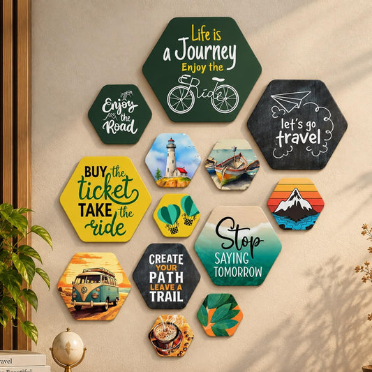 Artvibes Life is a Journey Travel Quote Hexagon Shape MDF Wooden Wall Decor Items | Quotes Decor Item | Traveller Quotes Wall Art | Wall Illustrations | Home Décor | Unique Gift (WPS_228N), Set of 13