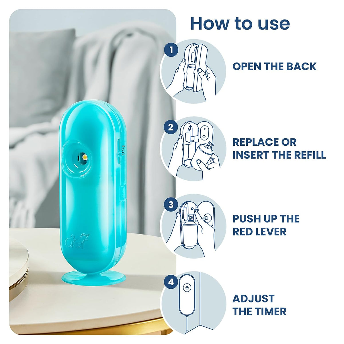Godrej aer Matic Kit (Machine + 1 Refill) - Automatic Room Fresheners with Flexi Control Spray | Cool Surf Blue | 2000 Sprays Guaranteed | Lasts up to 60 days (225ml)