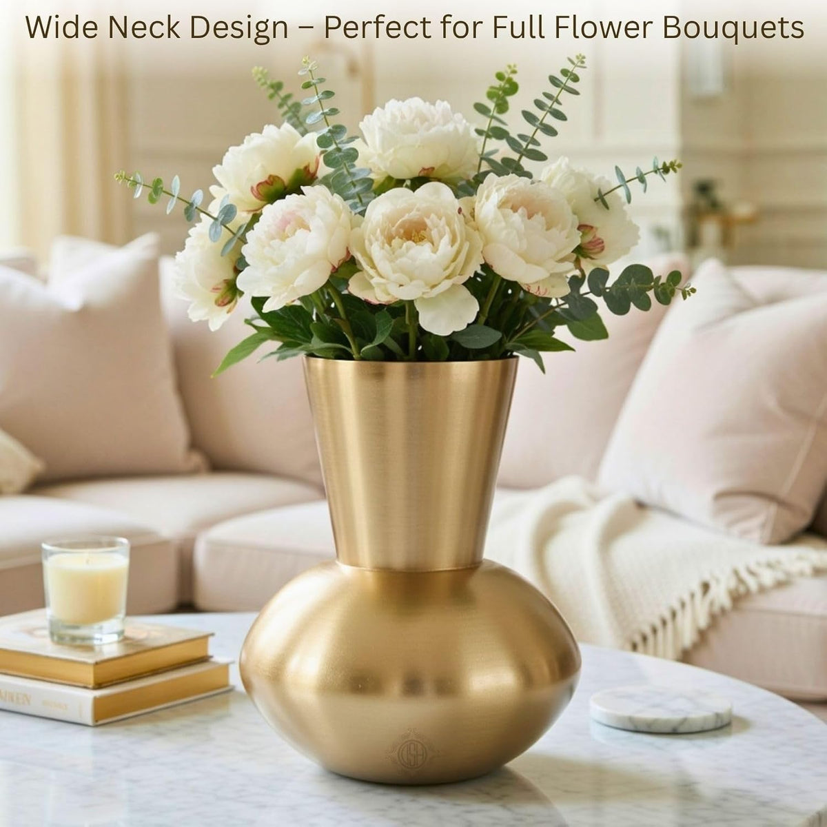 DSH Luxury Gold Designer Flower Vase Contemporary Metal Vase (8X10 in) Elegant Home Décor Accent for Living Room, Dining Table & Office.