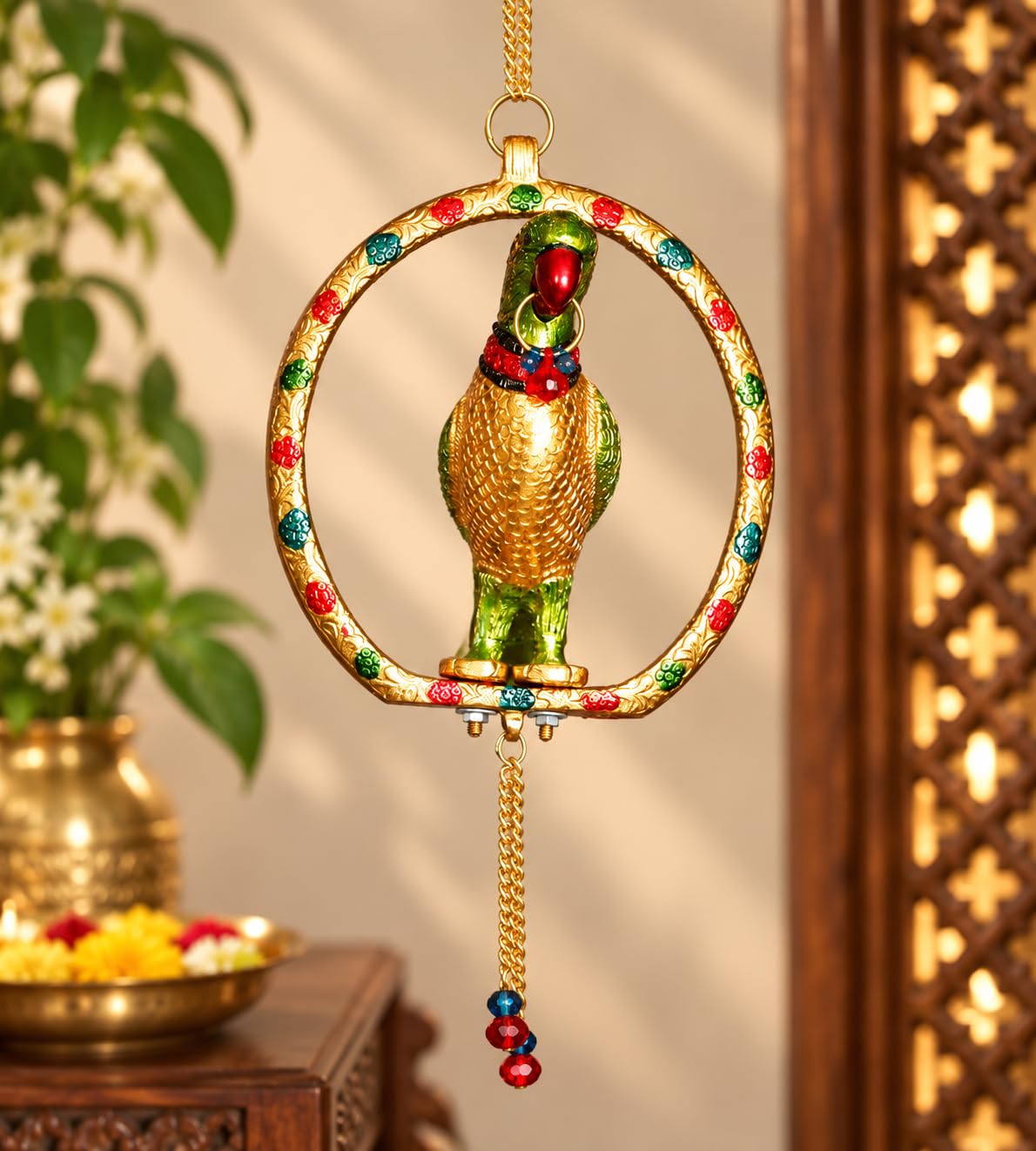KridayKraft Multicolour Parrot Door Hanging, 29 cm Decorative Bird on Engraved Ring with Hanging Chain for Home Entrance, Living Room, Balcony and Housewarming Gift