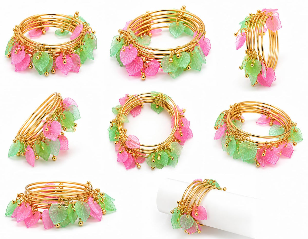 NMII Gold Plated Multicolor Leaf Ghunghroo Bangles Set | Pink & Green Leaf Design Kangan | Designer Gold Finish Metal Chudi | Stylish Floral Chudiya For Wedding Festive - Set Of 8