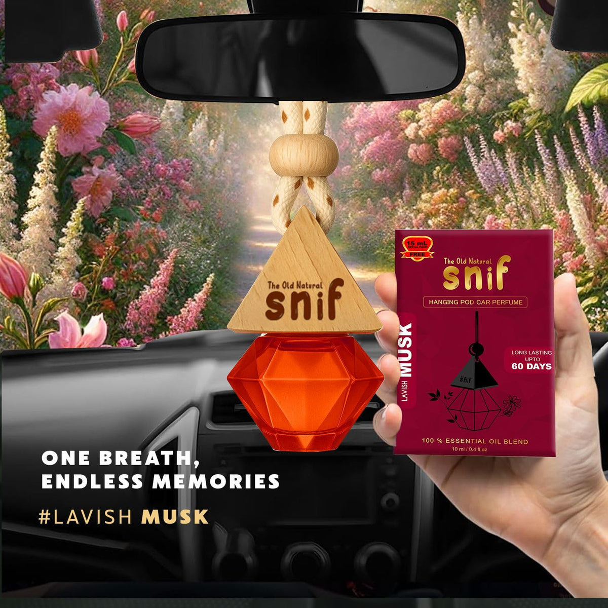 The Old Natural Snif Diamond Hanging Car Perfume | Car Air Freshener with Refill Pack (Lavish Musk 10ml + 15ml Refill Pack)