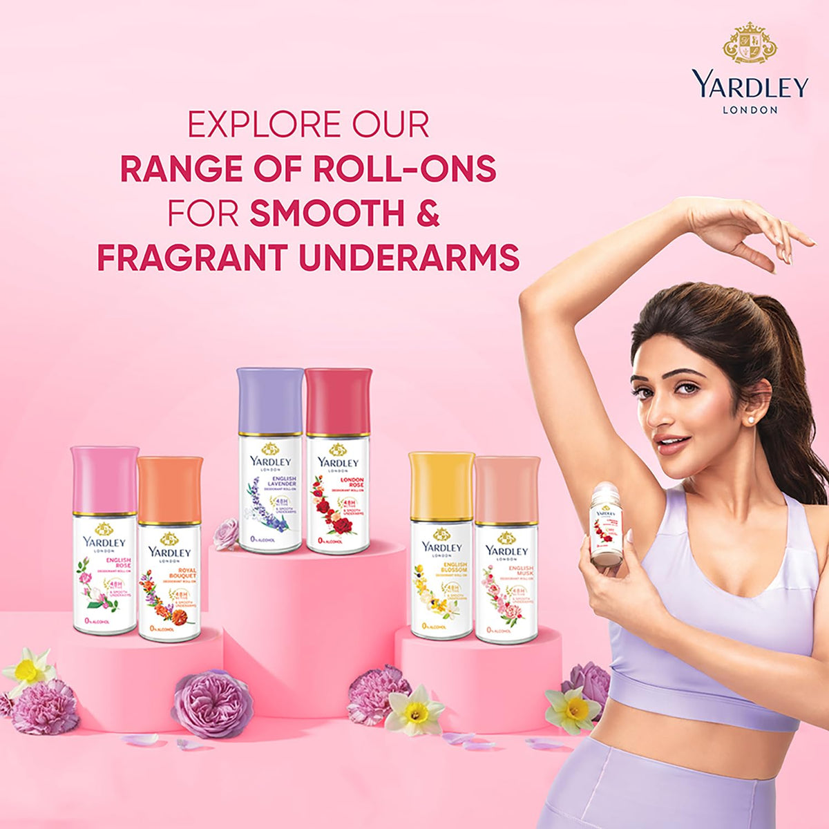 Yardley London London Rose Underarm Deodorant Roll On | With Licorirce Extract & Floral Extracts | Smooth & Eventoned Underarms | 72 H Long Lasting Floral Scent| 0% Alcohol & Dermat Approved | For Women | 50ml