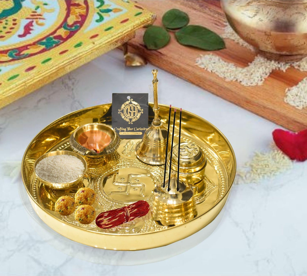 DSH Brass Puja Thali Set For Mandir Diwali Pooja, Religious Occasions Spiritual Home Office Wedding Return Gift Items.