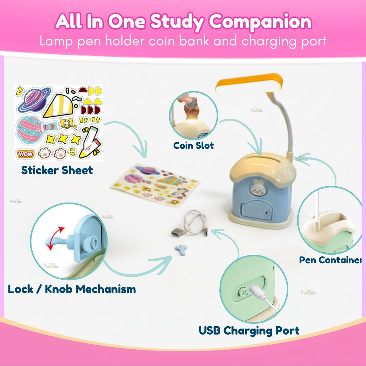 Toy Imagine 3-in-1 Desk Lamp with Pen Holder & Piggy Bank USB Rechargeable Study Lamp, Cute Design for Kids, Perfect for School Desk, Study Table & Bedroom(Multicolour)