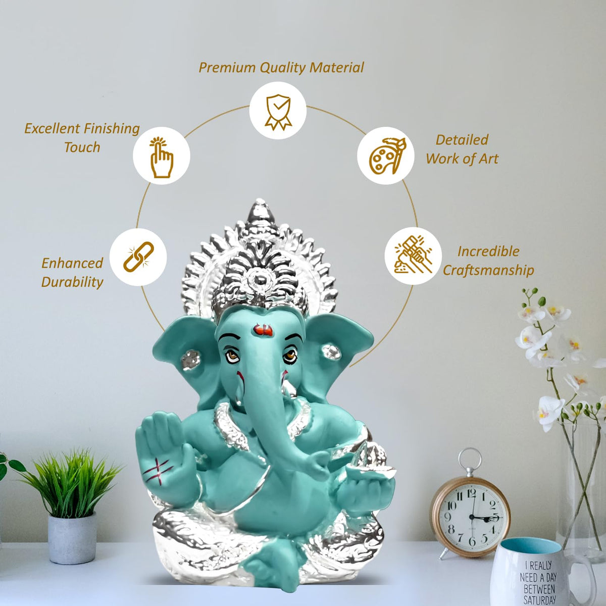DIVINITI 999 Silver Plated Ganesha Idol for Home Decor Puja |Ganesh Idol for Home Decor Ganpati for Gift 3.5 inches |Ganesh Statue Gift for Office Desk Puja Room Figurine (8.89 x 5.08 cm) (Blue)