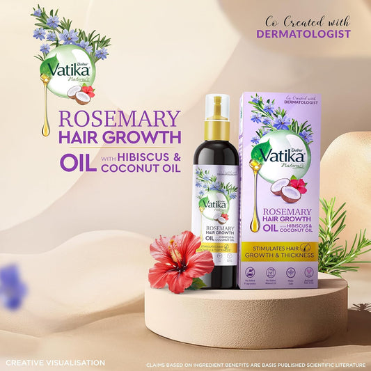 DABUR Vatika Rosemary Hair Growth Oil With Hibiscus & Coconut Oil - 100Ml | Stimulates Hair Growth And Thickness | Reduces Hair Fall | Co-Created With Dermatologist | No Mineral Oil |Animal Test Free