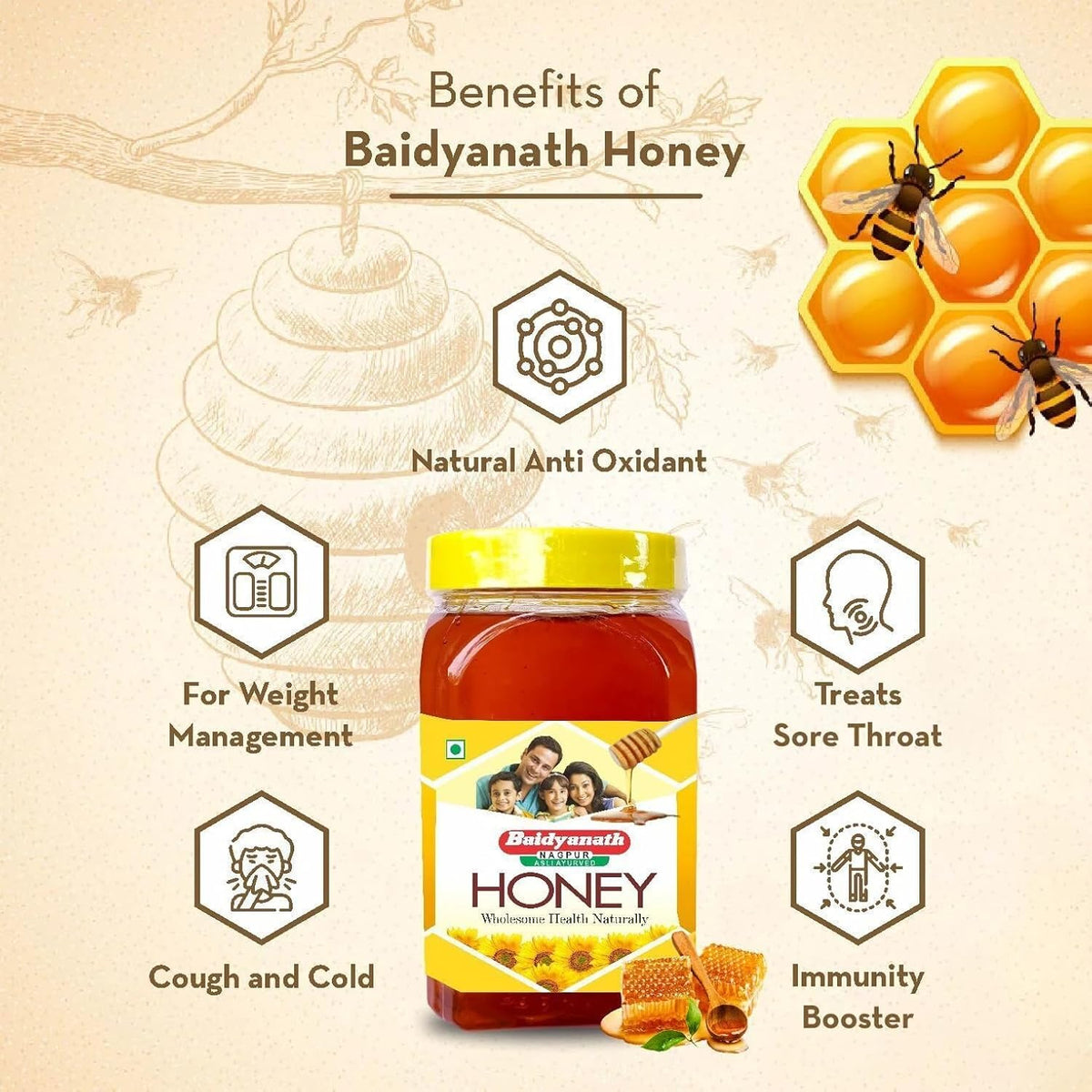 Baidyanath Asli Ayurved Honey 1Kg | Natural Immunity Booster, Pure & Wholesome - Weight Loss Support, Radiant Skin, Cough & Cold Defense | No Added Sugar