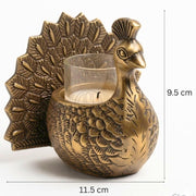 DSH Decorative Dancing Peacock Tealight Candle Holder Set of 2 with Glass Votive Antique Gold Metal Candle Stand for Home Decor, Table Centerpiece, Diwali & Gifting