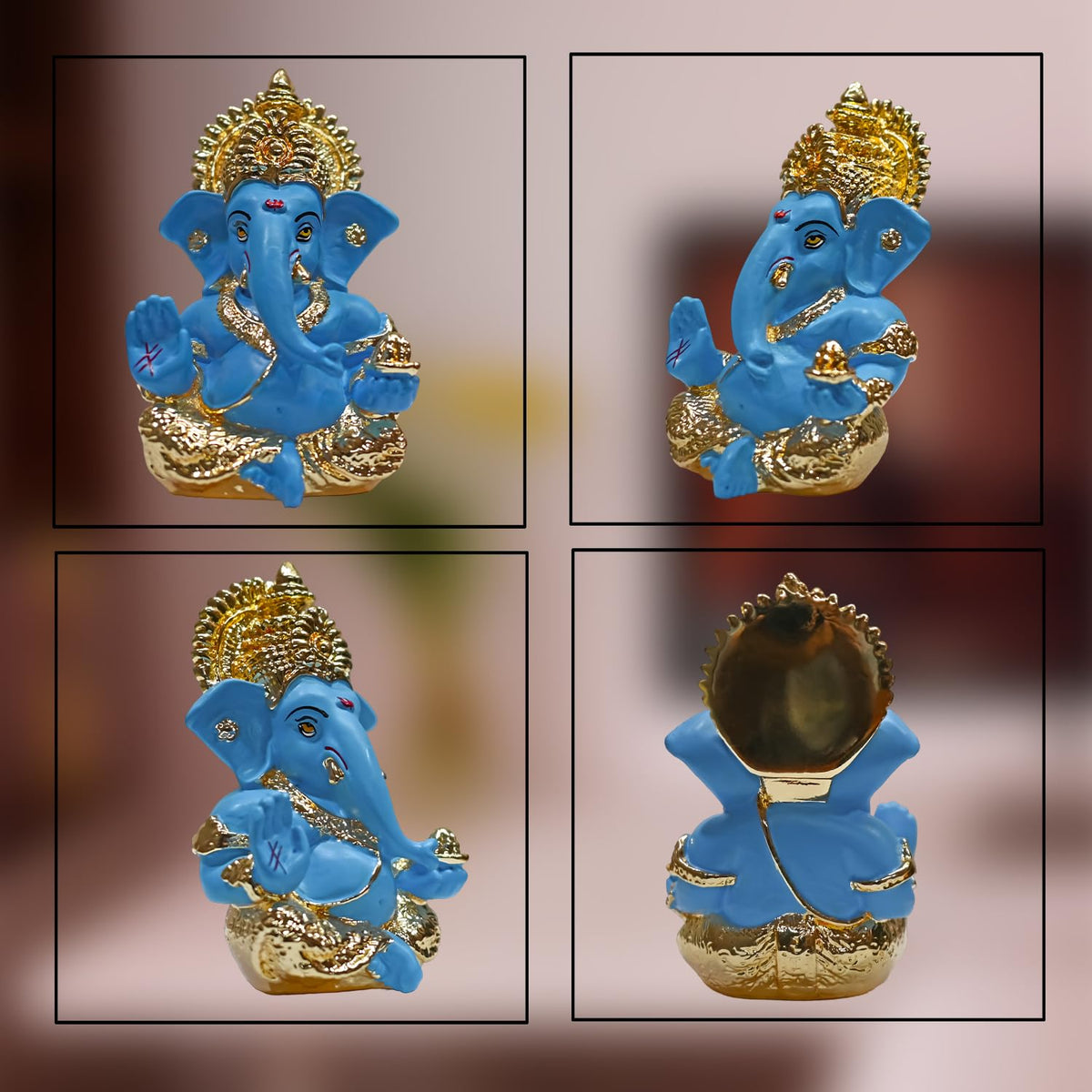 DIVINITI Gold Plated Lord Ganesha Idol for Home Decor Puja, Office & Home Shelves, Diwali Puja, and Gifting |Ganpati Murti Sculpture & Religious 3.5 Inches (8.89 x 5.08 cm) (Mukut Gold Blue)