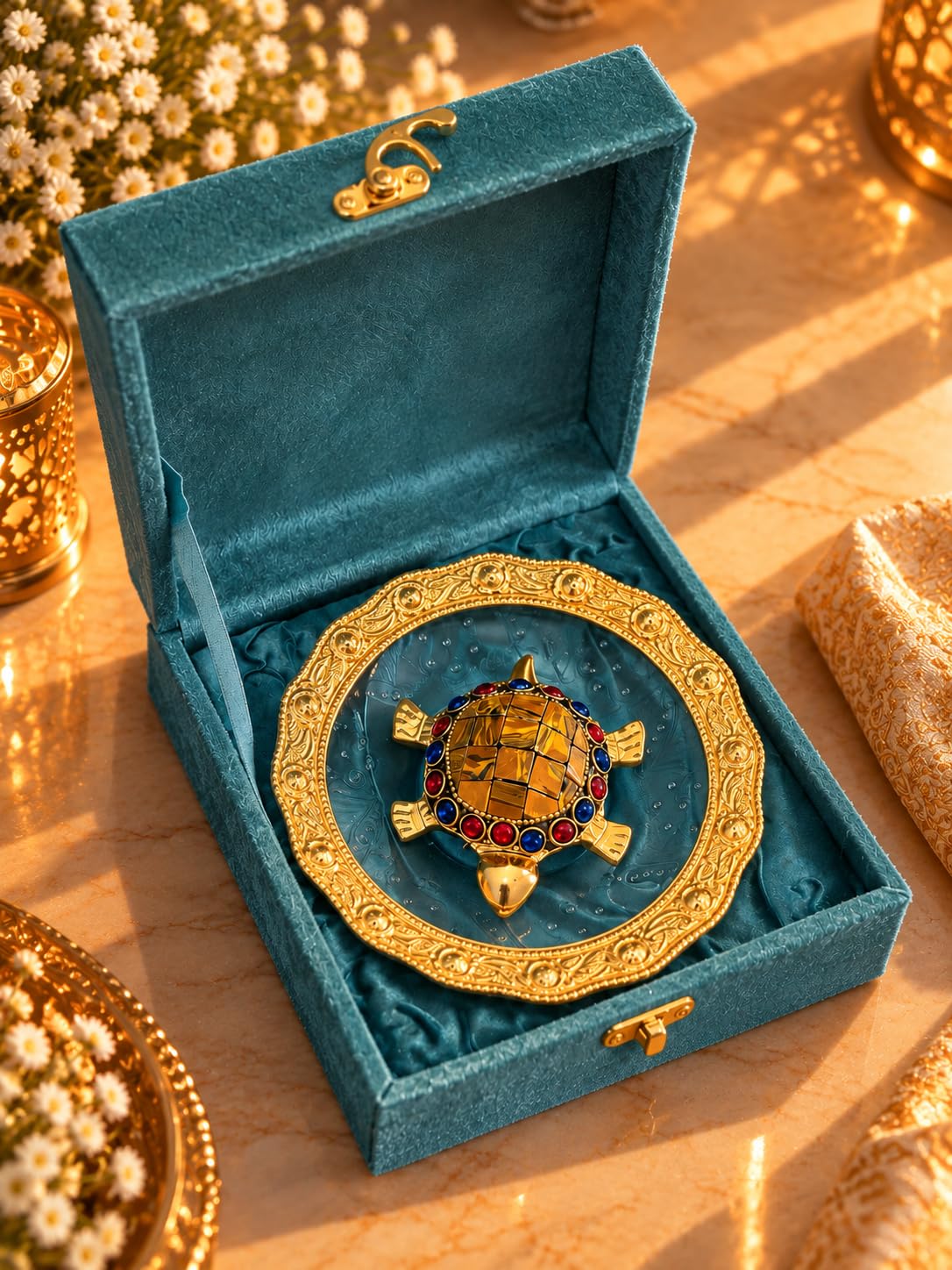 KridayKraft Multicolour Stone-Studded Gold Tortoise Showpiece with 14 cm Designer Tray and Luxury Dark Teal Blue Gift Box, Tabletop Décor for Home, Office, Wedding, Anniversary and Housewarming Gift