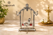KridayKraft Silver Plated Metal Krishna Jhula with Elephant Design Stand | Lord Krishna on Swing Idol for Home Decor, Janmashtami Puja, Temple, & Spiritual Gifting.