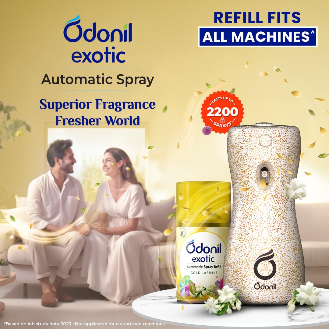 DABUR Odonil Exotic Automatic Spray - 225Ml | Gold Jasmine | 2X Long Lasting | Fits all Machines | 2200 Sprays Guaranteed | Lasts Upto 60 Days | Suitable for Washroom, Gym area, Living Room & Office