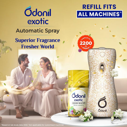 DABUR Odonil Exotic Automatic Spray - 225Ml | Gold Jasmine | 2X Long Lasting | Fits all Machines | 2200 Sprays Guaranteed | Lasts Upto 60 Days | Suitable for Washroom, Gym area, Living Room & Office