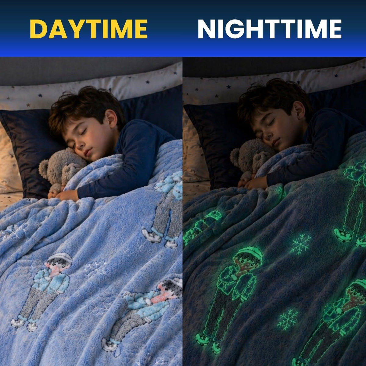 Toy Imagine Glow Blanket for Kids 3–10 Years 150 x 120 cm Glow in The Dark Blanket Soft Flannel Fleece Throw Soft Cozy Warm All Season Blankets for Boys and Girls Gift (Snow Boy Design Blue)