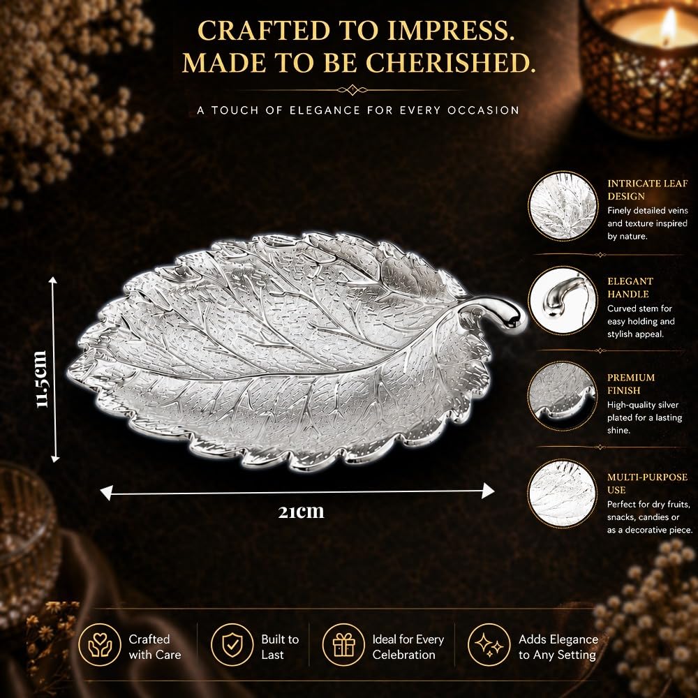 Diviniti Silver Plated Leaf Decorative Tray | Multipurpose Serving & Display Tray for Home Décor, Coffee Table, Dining Table, Vanity & Gifting | Luxury Metal Leaf Platter