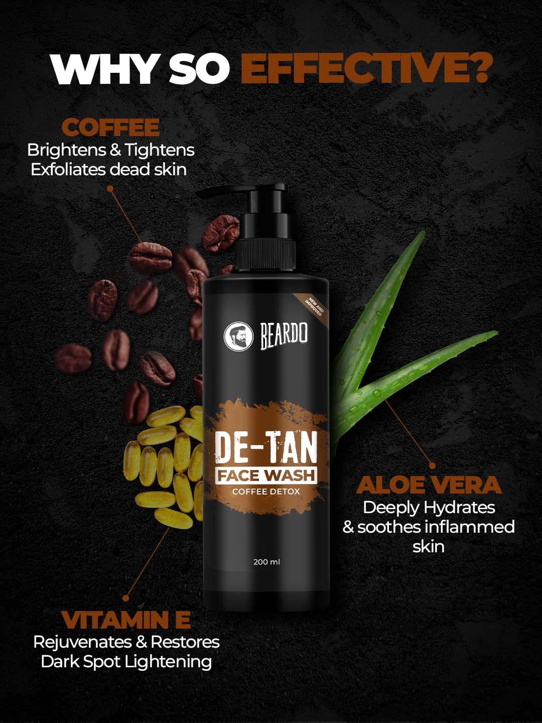 BEARDO DeTan Face Wash for Men, 200ml | Coffee Facewash, Aloe Vera, Vitamin E | Helps to Reduce Tan | Exfoliates & Hydrates for Smooth & Oil Free Skin (Pack of 3)