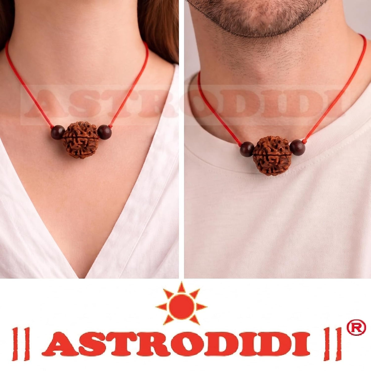 Astrodidi 4 Mukhi Rudraksha | Certified Nepali Four Face Rudraksh with Two Red Chandan Beads in Red Thread with Lab Certificate (Colour: Brown, Shape: Round)